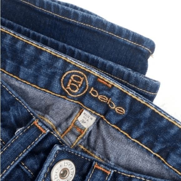 Bebe Kayla Gold Rhinestone Embellished Deep Wash Flare Stretchy Jeans Size: 26P - Picture 9 of 9